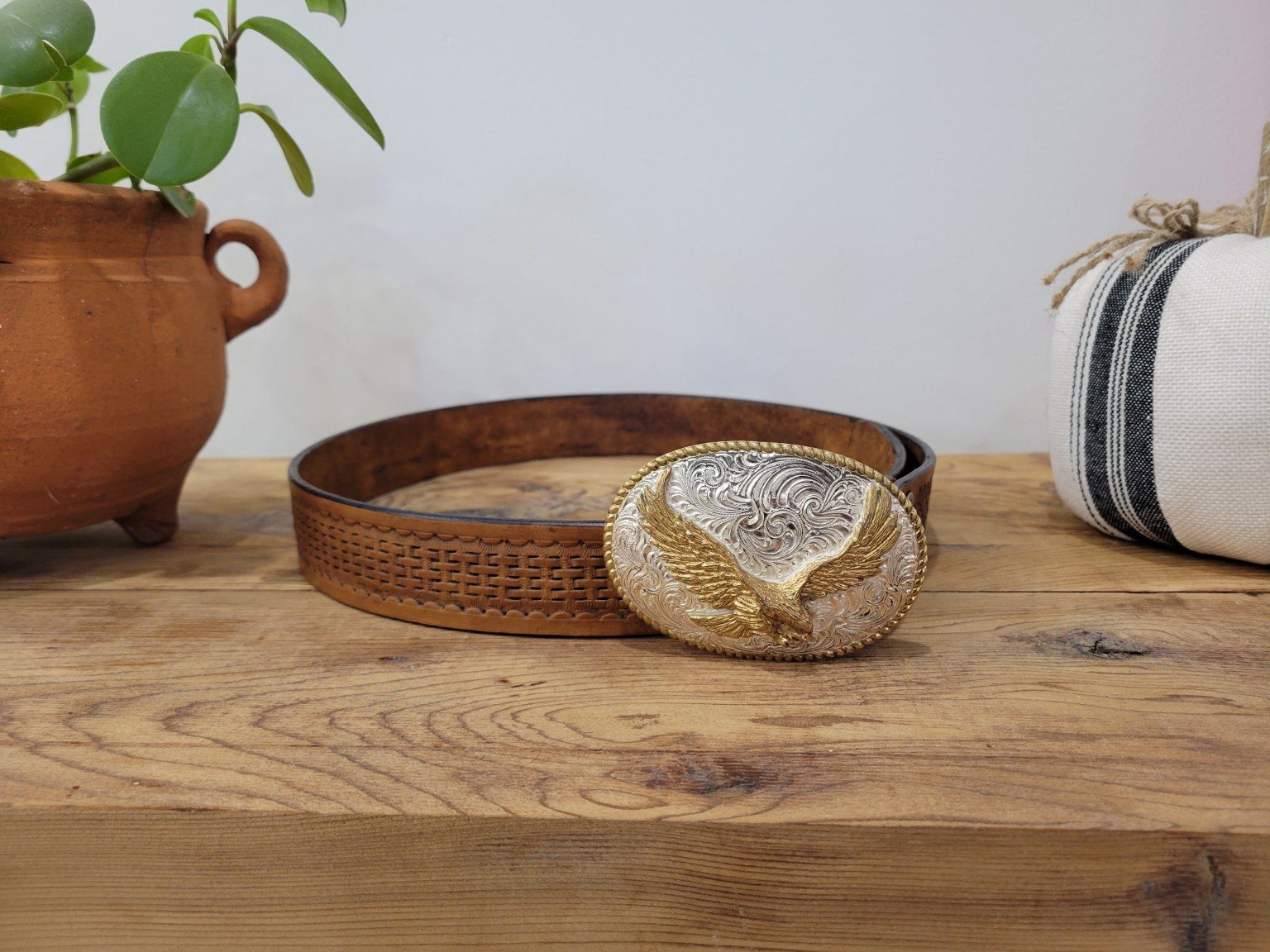 Custom brown leather belt with eagle buckle